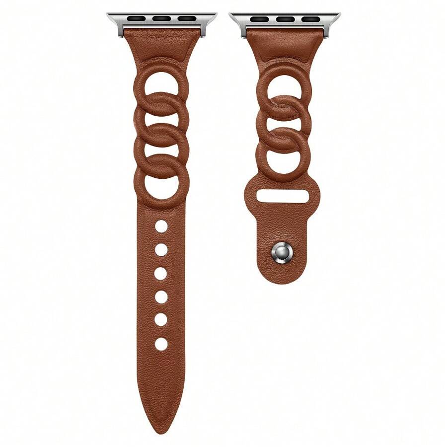 1支高端皮革手錶帶,適用於apple Watch最新系列s9、s8、s7、s6、s5、s4、se,透氣創意皮革錶帶 - 棕色 - 查看 1