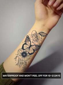 1片防水耐久蝴蝶圖案暫時性紋身貼紙,無反光,適合女性手臂,持久1-2週 - 黑色 - 查看 2