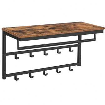 Hoobro vägggarderob, väggskåp med hylla, vägghylla med 10 krokar och barer, hatthylla, hängande hylla, 80 x 30 x 42 cm, för hall, vardagsrum, sovrum, industriell stil, vintage brun-svart