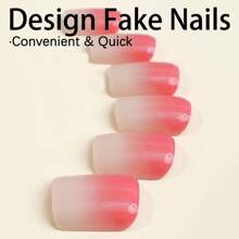 24入組女性漸層紅色淡紅色法式方形指尖壓縮假指甲 - 彩色 - 查看 3