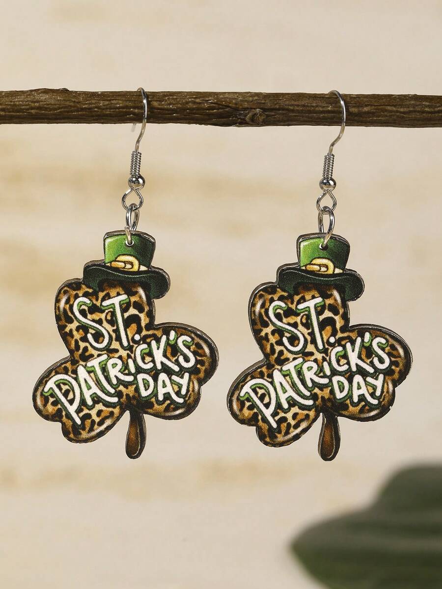 時尚復古四葉草紋木質耳環一對,聖帕特里克節送禮給家人和朋友 - 彩色 - 查看 1