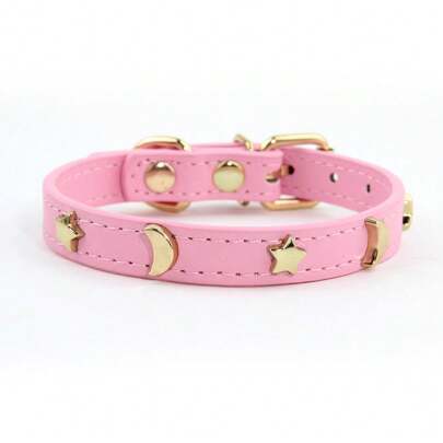 1 Pieza Collar De Gato PU Con Decoraciones De Estrellas, Lunas Y Tachuelas Doradas, Adecuado Para Gatos, Perros Pequeños, Chihuahuas, Perros Salchicha, Osos De Peluche, Ajustable
