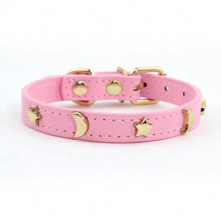 1pc Pu Leather Cat Collar With Gold Stars, Moons & Studs Decorations, Suitable For Cats, Small Dogs, Chihuahuas, Dachshunds, Teddy Bears, Adjustable