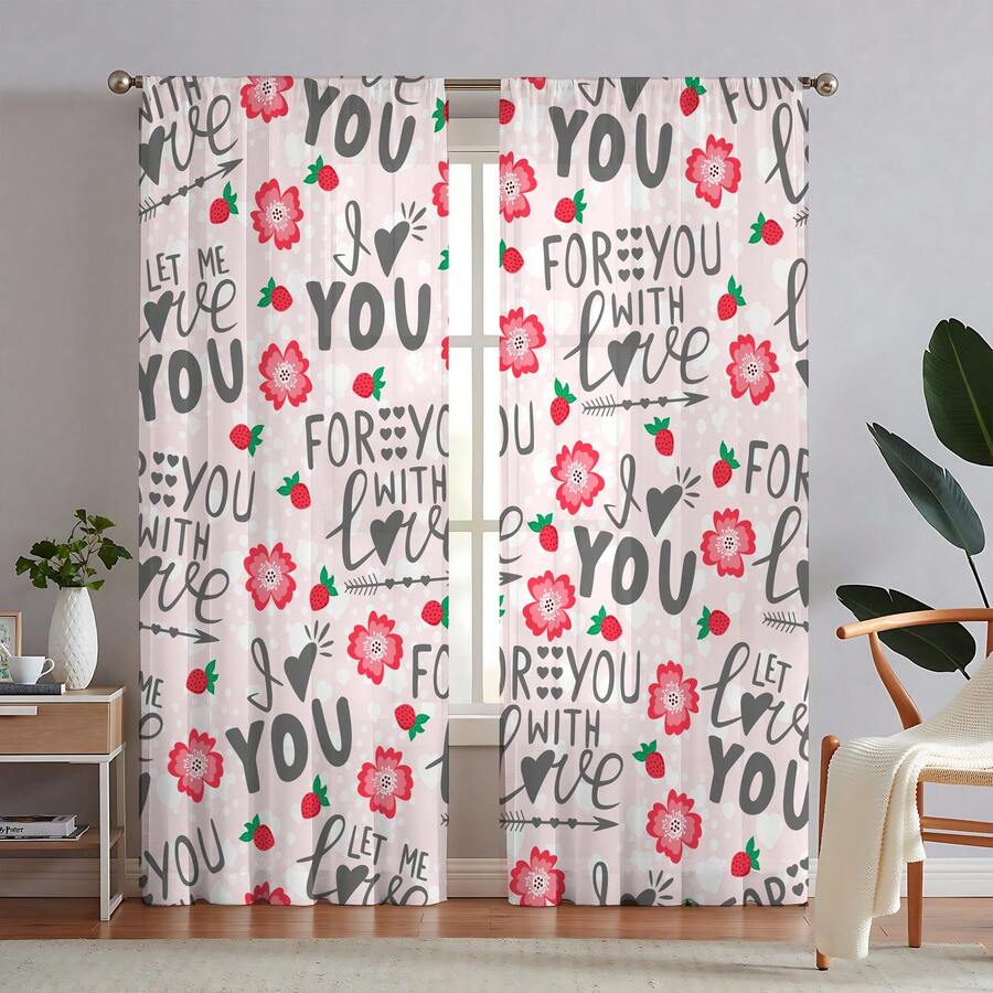 2入組情人節主題印花透明窗簾,帶插袋,適用於家居裝飾-臥室、辦公室、廚房、客廳、書房 - 彩色 - 查看 1