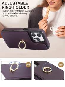 AWQUER 背夾式手機殼適用於 iPhone 15 14 Plus 13 12 11 Pro Max，帶卡插和支架，防 RFID 射頻，在 PU 皮革防護震撼的基礎上，可 360° 旋轉指環支架，並適用於 iPhone 8 7 Plus SE 5G 2020 2022 手機保護套 - 深紫色 - 查看 4