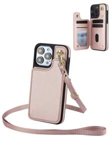 掛脖錢包後蓋殼,適用於iphone 15 14 Plus 13 12 11 Pro Max 8 7 Plus Se 5g 2020 2022手機殼,帶有卡插槽和支架,pu皮革材質,防震手機保護殼 - 玫瑰金 - 查看 2