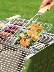 Stainless Steel Outdoor Bbq Grill Rack With Wooden Handle, Square Grill Net For Grilled Fish, Bread, Meat, Bbq Tool - Silver - View 1