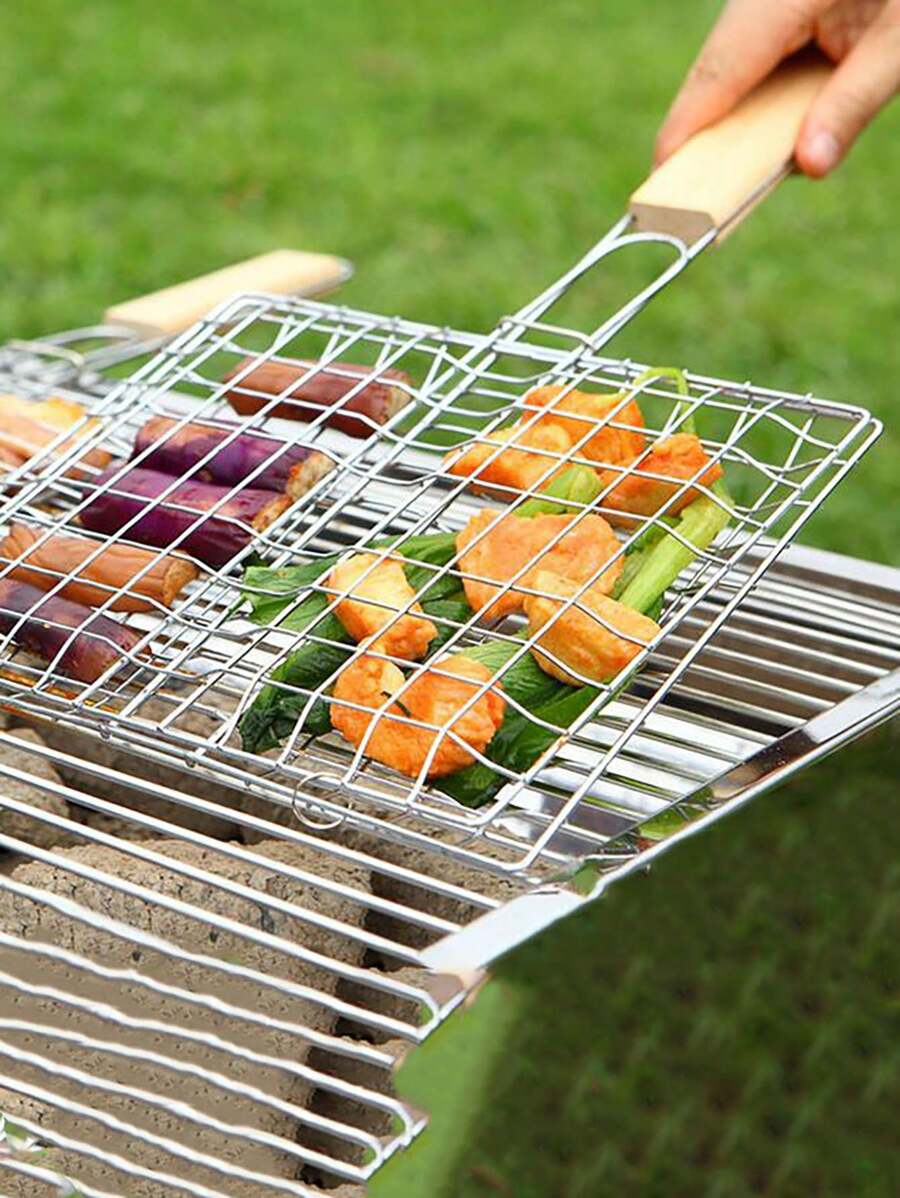 Stainless Steel Outdoor Bbq Grill Rack With Wooden Handle, Square Grill Net For Grilled Fish, Bread, Meat, Bbq Tool - Silver - View 1