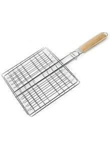 Stainless Steel Outdoor Bbq Grill Rack With Wooden Handle, Square Grill Net For Grilled Fish, Bread, Meat, Bbq Tool - Silver - View 3
