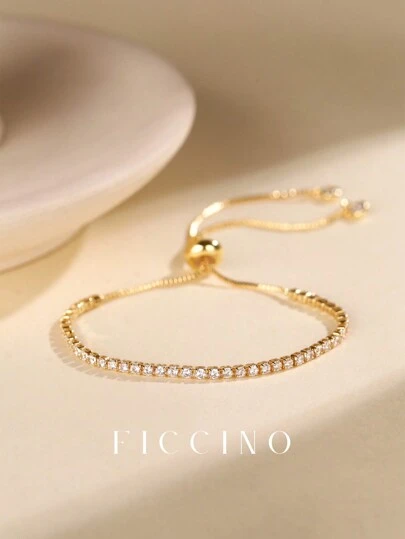  Ficcino Pulsera De Tenis Con Incrustaciones De Circonita Cúbica Y Chapada En Oro Y Cordón Ajustable, Accesorio Versátil De Uso Diario Para Mujer