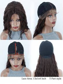 32寸t型前鬆綁綁合成纖維長波浪假髮,日常優雅髮型,13x1x4的鬆綁假髮,啡色髮型 - 巧克力棕 - 查看 5