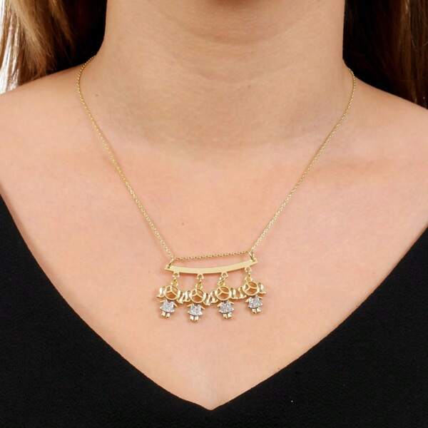 Colar De Filhos Com 4 Pingentes Menino E Menina Banhado Ouro 18K