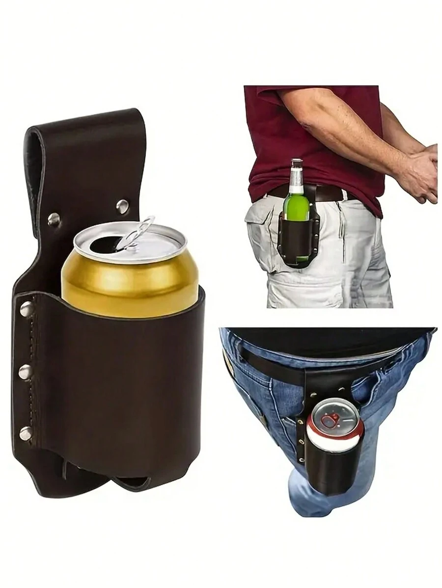 Classic PU Leather Bottle Holster Bottle Holders Belt Waist Bag,Perfect For Travel Outdoor And Backyard,Portable Beverage Can Rack Storage Bag For Outdoor Hiking &Camping - Brown - View 1