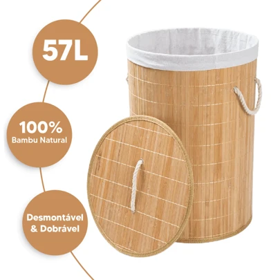 Cesto De Roupas Bambu Redondo Banheiro Lavanderia