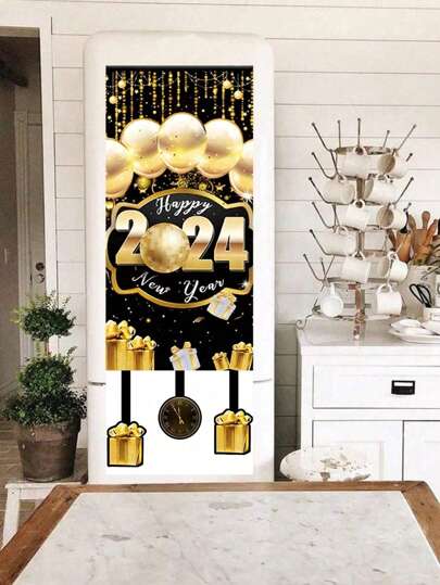 1pc New 40*100cm Black Gold New Year Hanging Flags, Perfect Decoration Family New Year's Eve Party Room Wall Background, New Year Indoor And Outdoor Door Curtain Decoration