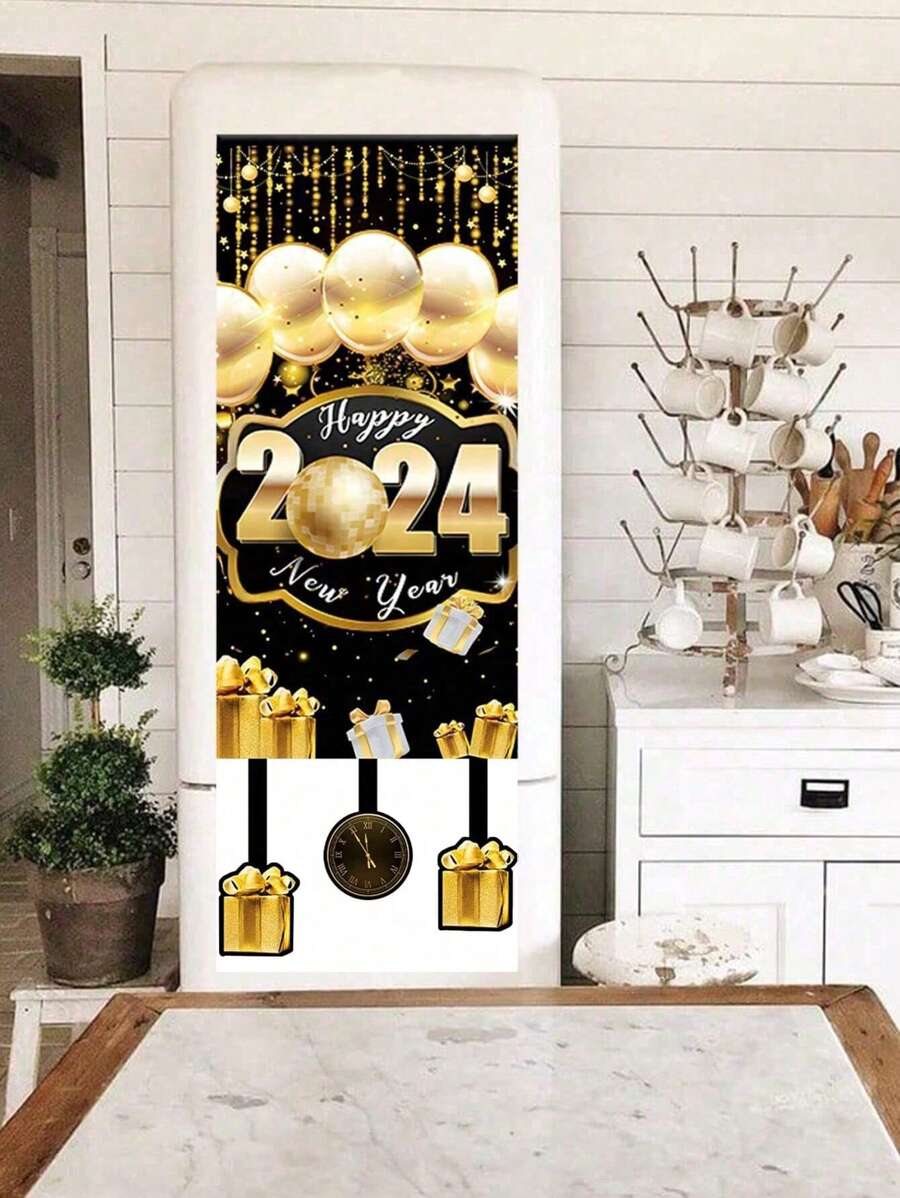 1入組新款40*100cm黑金色新年掛旗,完美裝飾家庭新年除夕派對房間牆面背景,新年室內外門簾裝飾 - 黑金 - 查看 1
