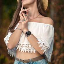 與蘋果手錶第9、8、7、6、SE、5、4、3代兼容，適用於38mm/40mm/41mm/42mm/44mm/45mm/49mm尺寸，適合5.4-6.9英寸手腕。時尚波西米亞風格的皮革錶帶，金屬扣，多彩錶帶供您選擇。 - 銀白色 - 查看 6