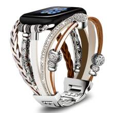 與蘋果手錶第9、8、7、6、SE、5、4、3代兼容，適用於38mm/40mm/41mm/42mm/44mm/45mm/49mm尺寸，適合5.4-6.9英寸手腕。時尚波西米亞風格的皮革錶帶，金屬扣，多彩錶帶供您選擇。 - 銀白色 - 查看 1