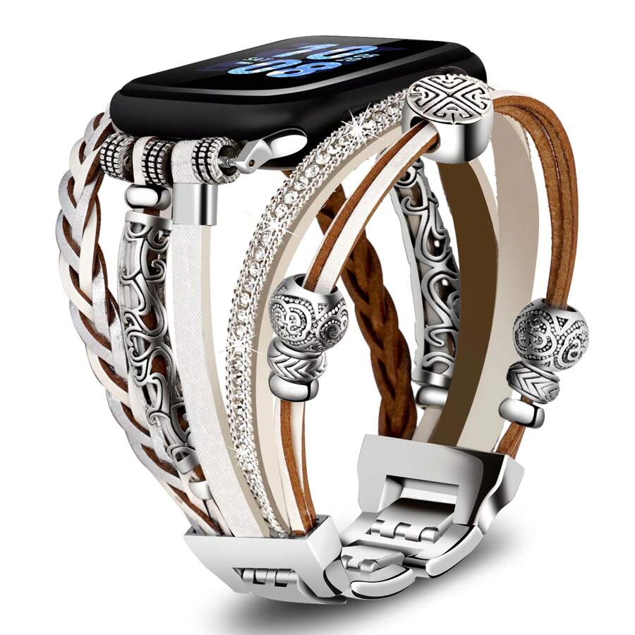 與蘋果手錶第9、8、7、6、SE、5、4、3代兼容，適用於38mm/40mm/41mm/42mm/44mm/45mm/49mm尺寸，適合5.4-6.9英寸手腕。時尚波西米亞風格的皮革錶帶，金屬扣，多彩錶帶供您選擇。 - 銀白色 - 查看 1