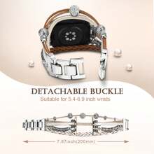與蘋果手錶第9、8、7、6、SE、5、4、3代兼容，適用於38mm/40mm/41mm/42mm/44mm/45mm/49mm尺寸，適合5.4-6.9英寸手腕。時尚波西米亞風格的皮革錶帶，金屬扣，多彩錶帶供您選擇。 - 銀白色 - 查看 4