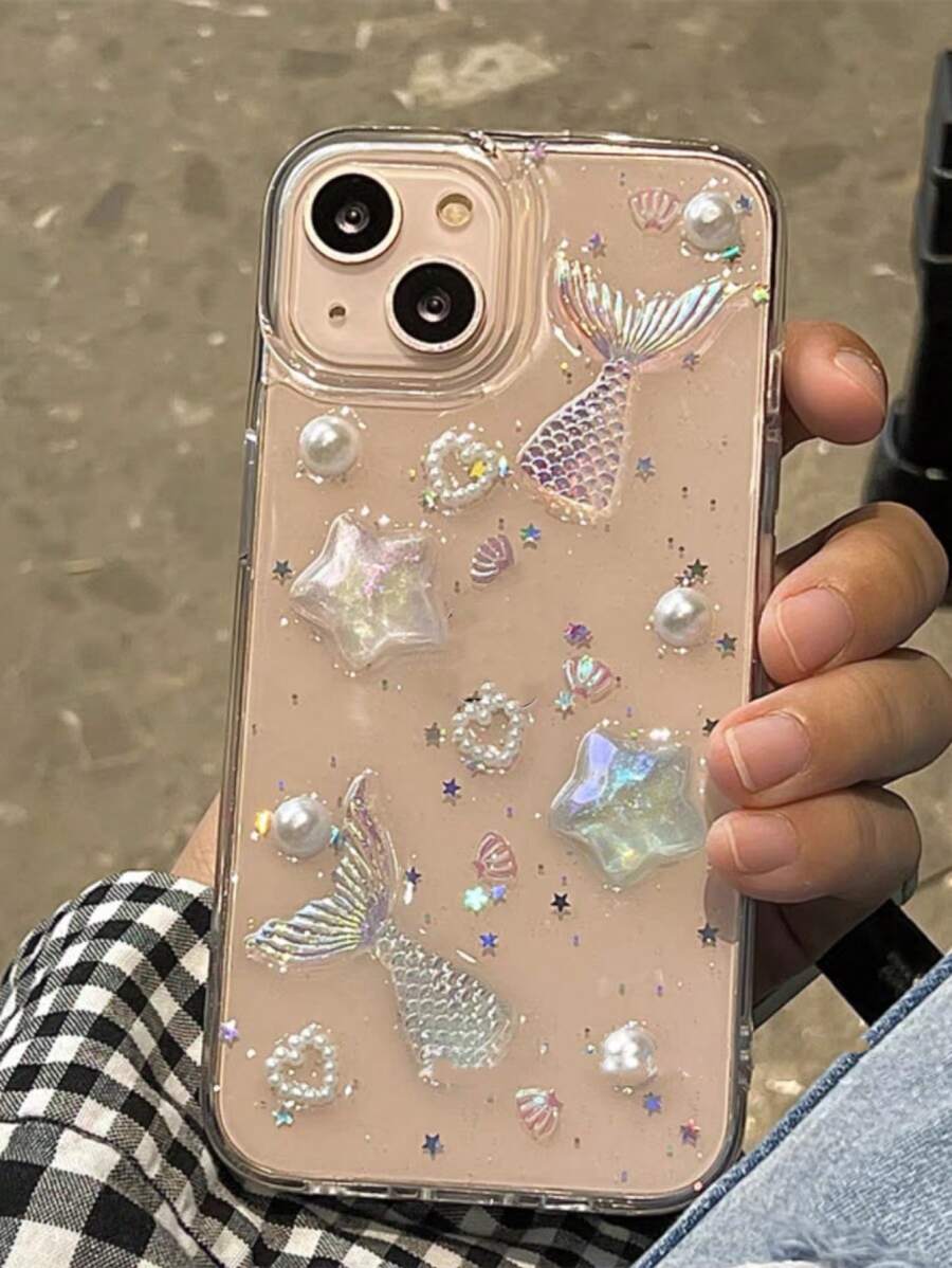 Transparent Laser Mermaid Star Design Phone Case With Drop-proof Function, Compatible With Iphone 15/13 Pro Max - Clear - View 1