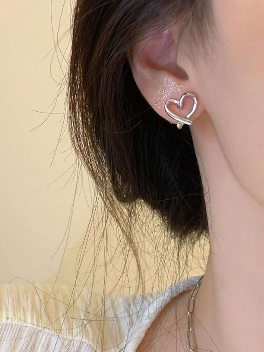 1 对时尚心形耳钉情人节、妈妈、母亲、母亲节、礼物 - 銀色 - 查看 1