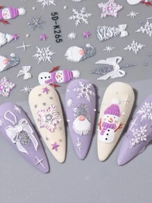 1入組 5D立體可愛雪人指甲貼紙，閃亮銀色雪花聖誕老人冬季新年美甲裝飾自己動手做 - 彩色 - 查看 3