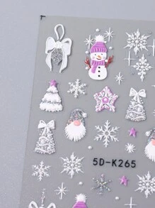 1入組 5D立體可愛雪人指甲貼紙，閃亮銀色雪花聖誕老人冬季新年美甲裝飾自己動手做 - 彩色 - 查看 5