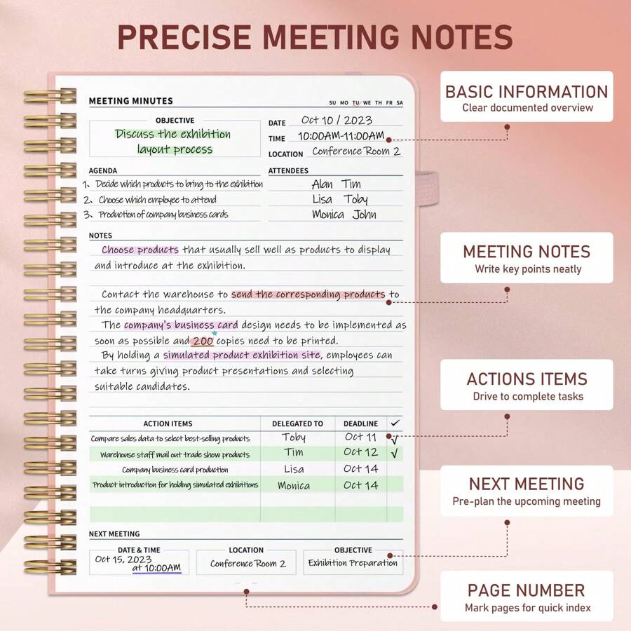 Simplified Meeting Notebook For Work With Action Items 200 Pages, Office Supplies For Planner, PU Leather Hardcover Agenda Notebook For Office & Business Taking Notes, B5 (10" * 7") - Rose gold - View 1