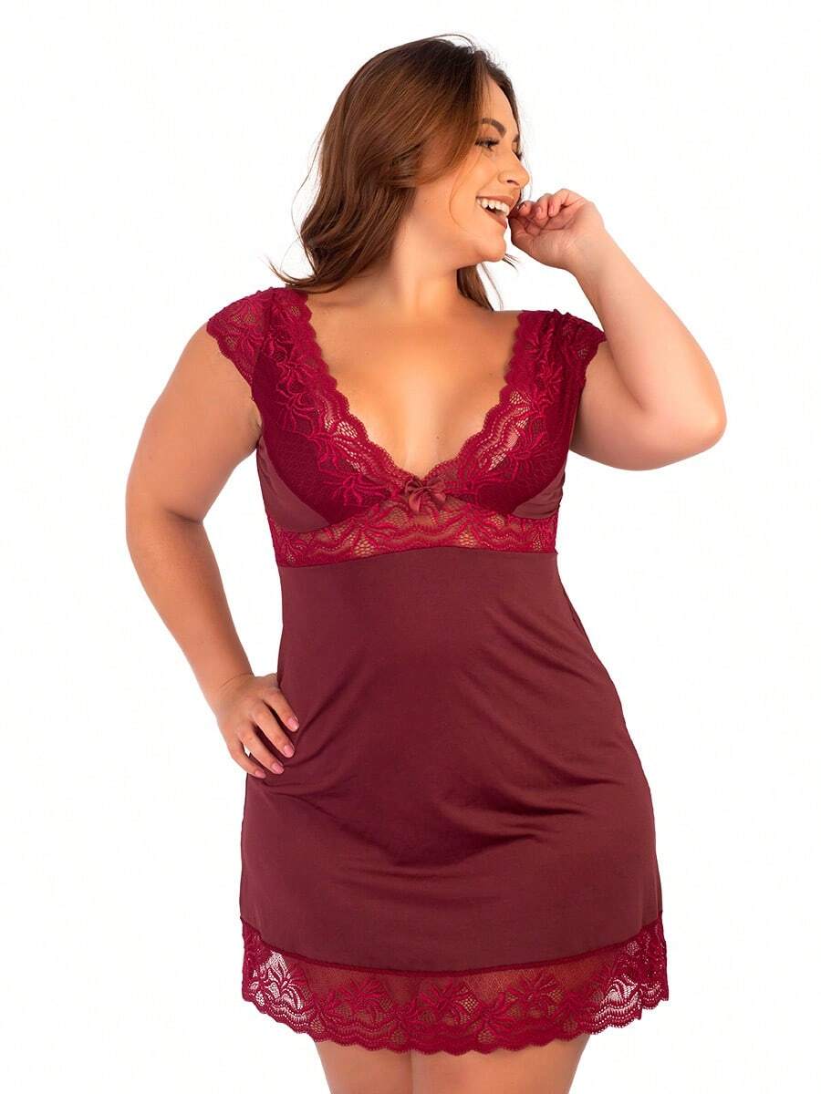 Plus Size Nightgowns & Sleepshirts - 酒紅色 - 查看 1