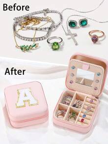 1PC Personalized Initial Jewelry Organizer Package Box With Mirror, Travel Case For Ring Necklace Earrings Back To School Style For Teen Girls, Birthday Gifts For Girlfriend - Pink - View 5