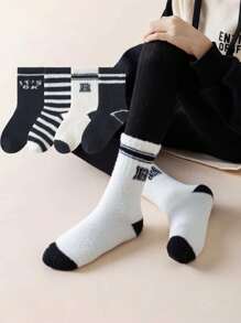 4對/套中筒珊瑚絨毛圈棉袜,兒童適用 (1-8歲),黑白條紋字母印花款式適中性 - 彩色 - 查看 1
