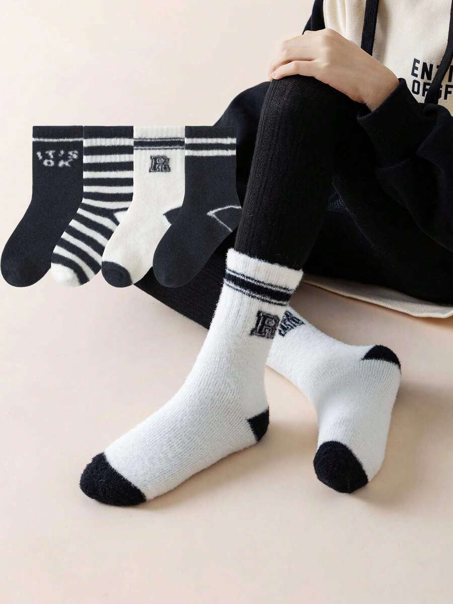 4對/套中筒珊瑚絨毛圈棉袜,兒童適用 (1-8歲),黑白條紋字母印花款式適中性 - 彩色 - 查看 1