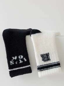 4對/套中筒珊瑚絨毛圈棉袜,兒童適用 (1-8歲),黑白條紋字母印花款式適中性 - 彩色 - 查看 4