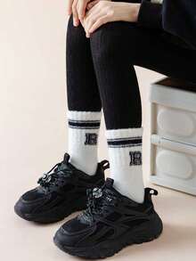 4對/套中筒珊瑚絨毛圈棉袜,兒童適用 (1-8歲),黑白條紋字母印花款式適中性 - 彩色 - 查看 5