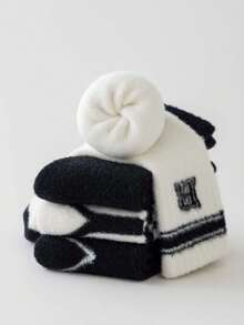 4對/套中筒珊瑚絨毛圈棉袜,兒童適用 (1-8歲),黑白條紋字母印花款式適中性 - 彩色 - 查看 2