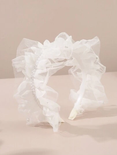 1pc Girls White Pearl Mesh Lace Headband, Decorative For Daily Wear, Wedding Season
