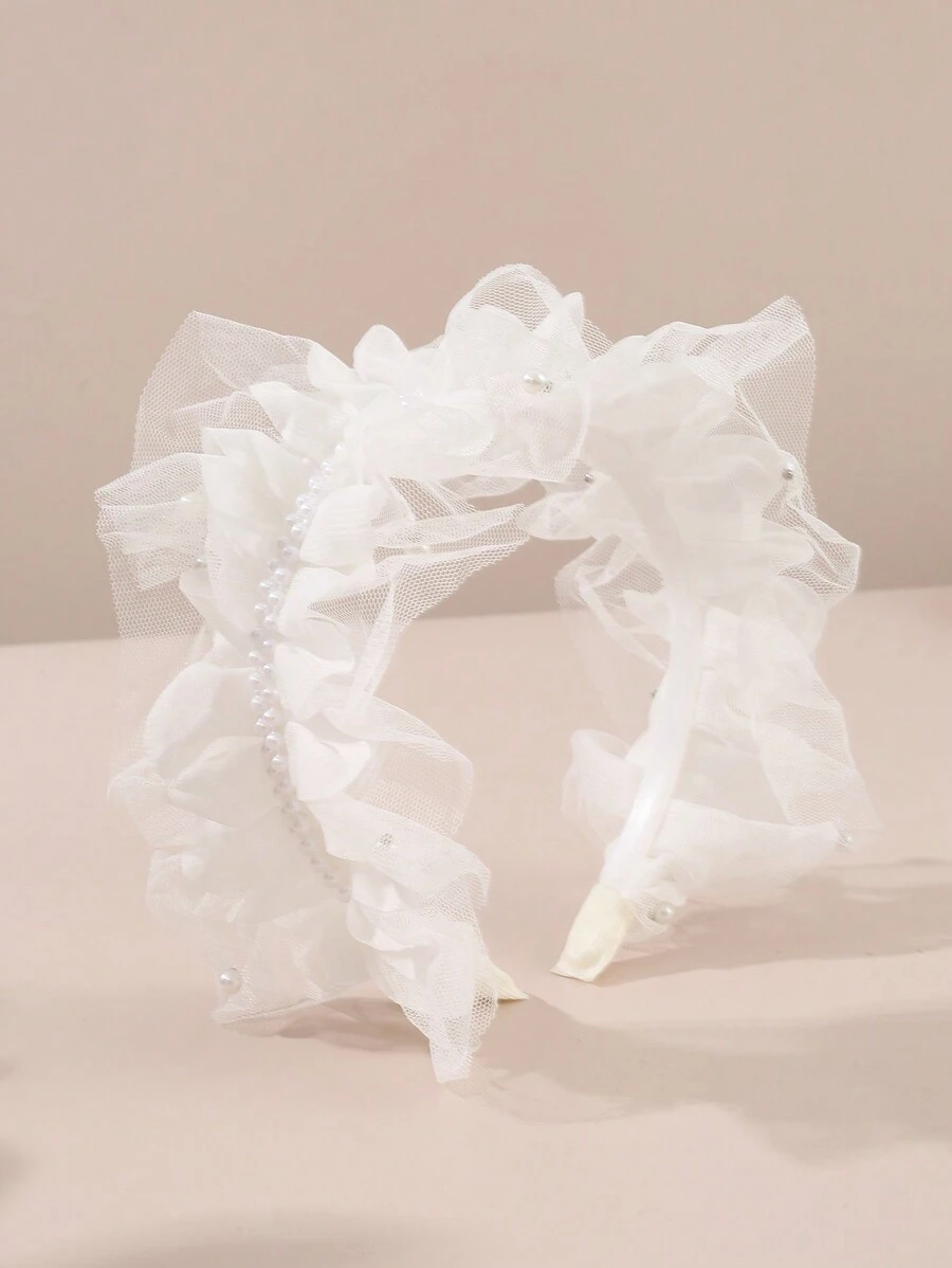 1pc Girls White Pearl Mesh Lace Headband, Decorative For Daily Wear, Wedding Season - White - View 1