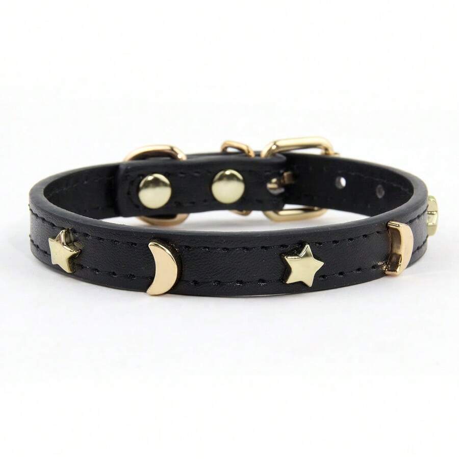 1pc Pu Leather Cat Collar With Gold Star, Moon & Rivet Decoration, Adjustable For Small Dogs Such As Chihuahua, Dachshund, Teddy