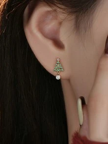 1pair Fashionable Cute 999 Sterling Silver Christmas Tree Stud Earrings, Suitable For Women'S Festival Gift Daily Wear - Yellow Gold - View 5