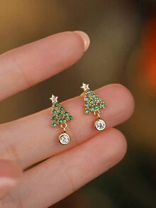 1pair Fashionable Cute 999 Sterling Silver Christmas Tree Stud Earrings, Suitable For Women'S Festival Gift Daily Wear - Yellow Gold - View 4