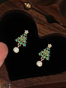 1pair Fashionable Cute 999 Sterling Silver Christmas Tree Stud Earrings, Suitable For Women'S Festival Gift Daily Wear - Yellow Gold - View 2