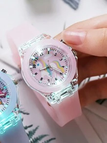2pcs Cute And Elegant Girls Watch LED Light Watch Cartoon Unicorn Quartz Watch Best Bracelet Girls Birthday Gift Halloween Decoration Christmas Gift Graduation Season Girl's Best Gift