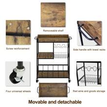 Bar Cart Wine Glass 3 With Basket Tier Home Rolling Rack With Wheels Mobile Kitchen Industrial Vintage Style Wood Metal Serving Trolley Serving Cart,Glass Holder Bar Cabinet - màu nâu - Xem 4