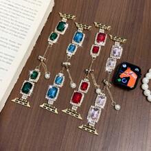 1入粉色方形寶石和鑽石鑲嵌手錶帶，配可調節長度金屬鏈，時尚個性化女士手錶帶，適用於Apple Watch Series 1/2/3/4/5/6/SE 38/40/41/42/44/45/49 - 粉色 - 查看 3