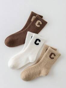 4 双/套幼儿男孩和女孩休闲珊瑚绒字母印花中筒袜，秋冬，适合年龄 (1-2)(2-3)(3-8) - 彩色 - 查看 3