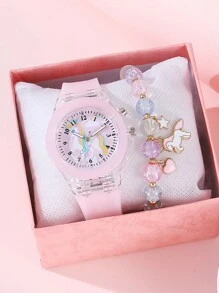 2pcs Cute And Elegant Girls Watch LED Light Watch Cartoon Unicorn Quartz Watch Best Bracelet Girls Birthday Gift Halloween Decoration Christmas Gift Graduation Season Girl's Best Gift