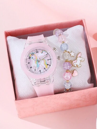 2pcs Cute And Elegant Girls Watch LED Light Watch Cartoon Unicorn Quartz Watch Best Bracelet Girls Birthday Gift Halloween Decoration Christmas Gift Graduation Season Girl's Best Gift