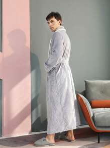 男式厚款法蘭絨浴衣,配有領結,適用於家居 - 淺灰色 - 查看 4