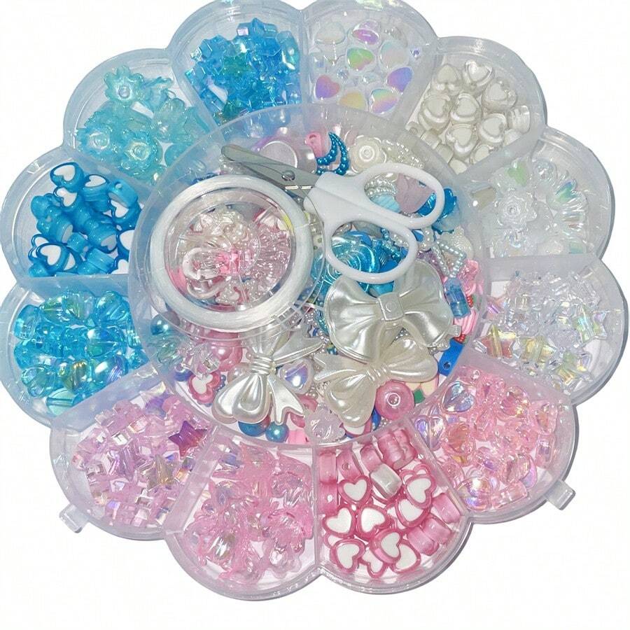 13格收纳盒，蓝色和粉色亚克力花珠，心形珠子，小剪刀，线——用于制作手链、项链和戒指 - 彩色 - 查看 1